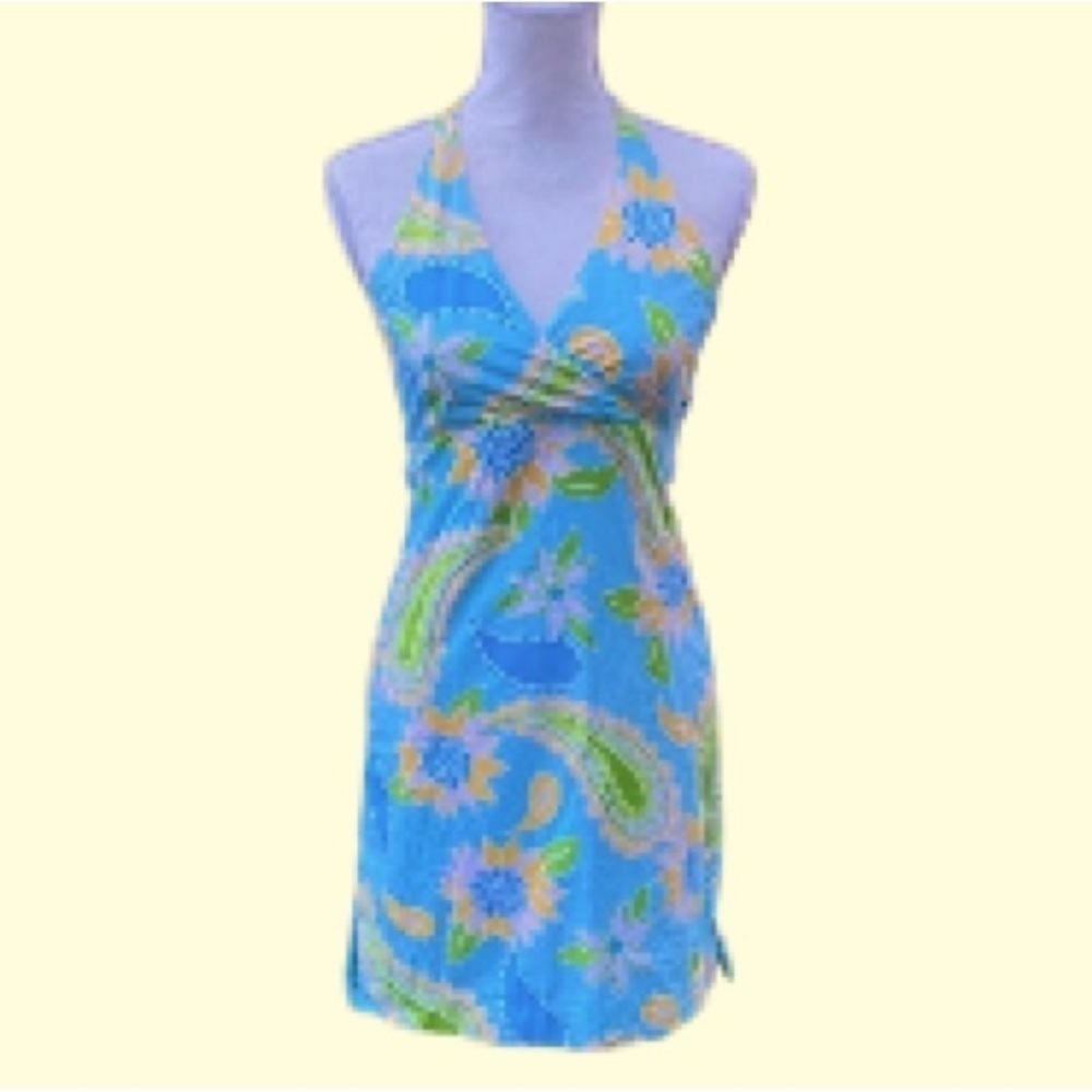 Lilly Pulitzer Girls Size 16 Halter Dress Yellow Blue Green White Label